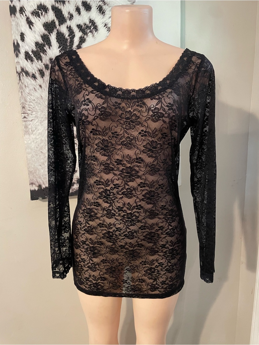 Fredericks Sheer Black Lace whimsical goth Top open back Large comfy stretch